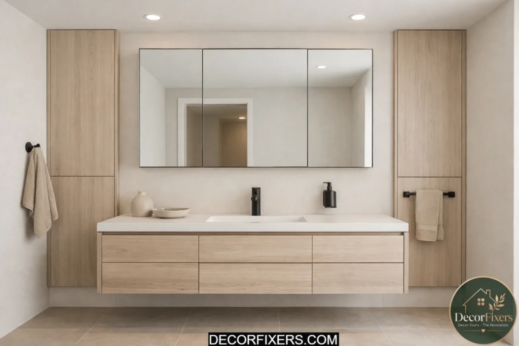 Scandinavian bathroom with nearly empty open shelving and neutral decor.