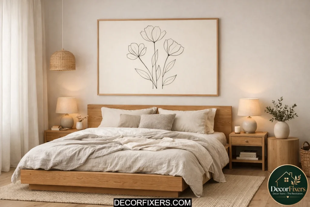 Scandinavian bedroom featuring oversized minimalist botanical wall art.