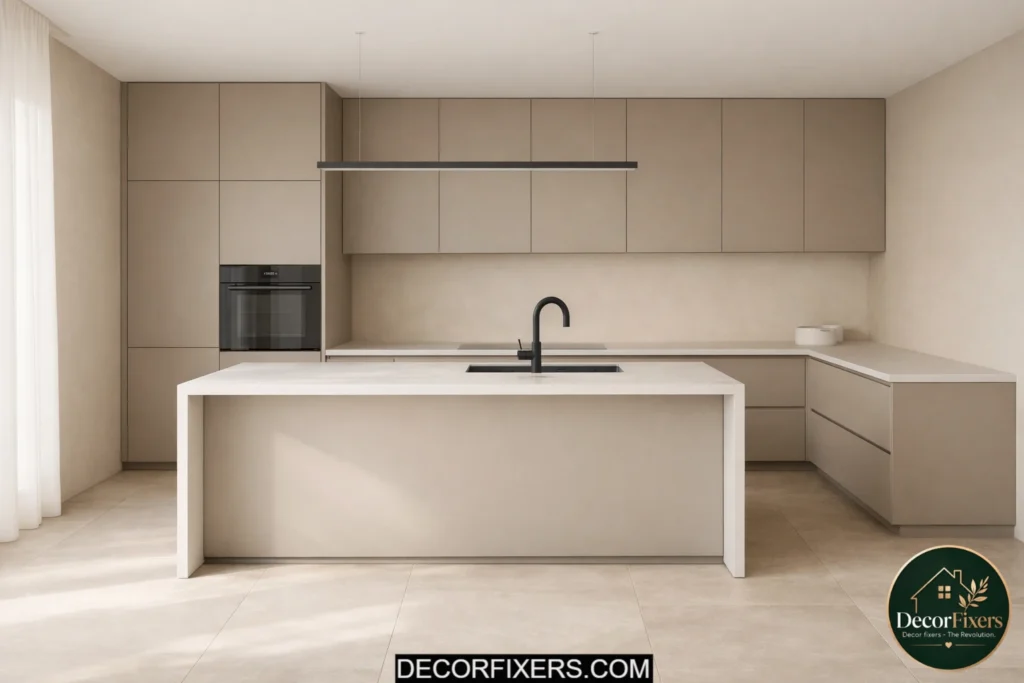 Minimalist kitchen with warm greige cabinetry, matte quartz countertops, and black faucet accents