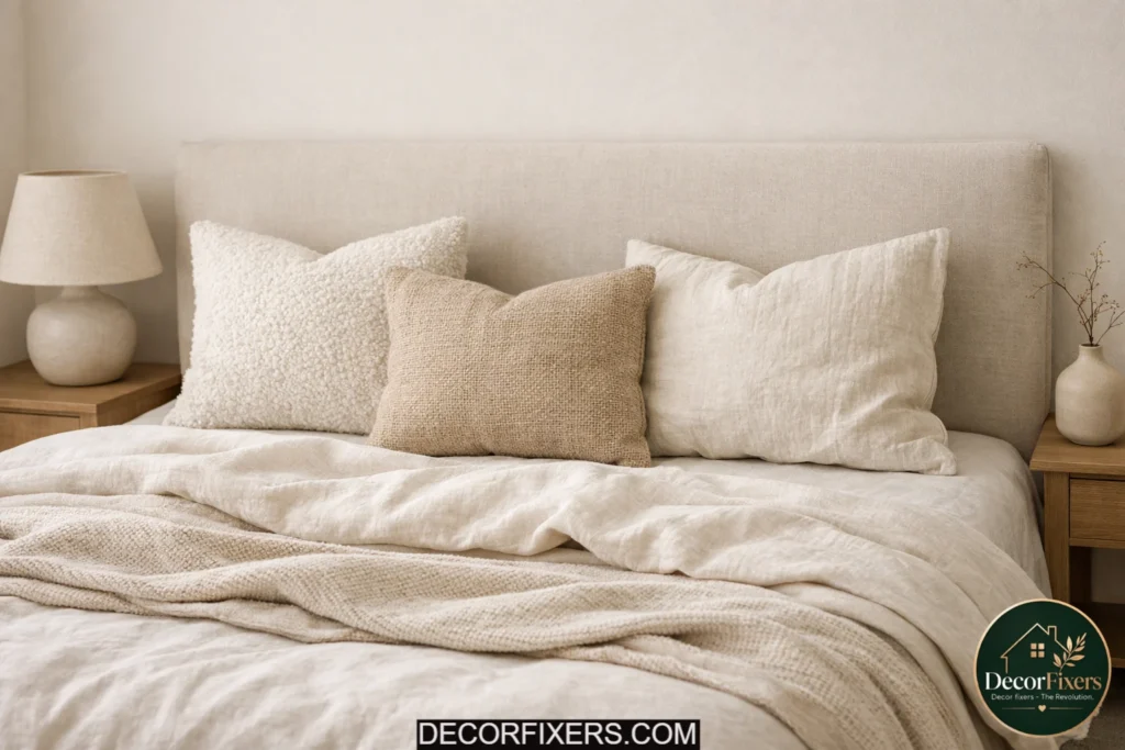 Minimalist bedroom bed styled with three textured neutral pillows