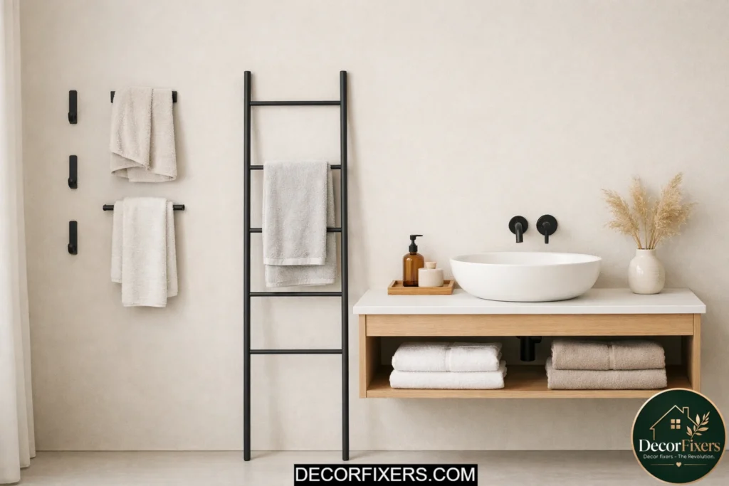 Slim towel hooks and ladder rail in a warm minimalist bathroom with neutral towels