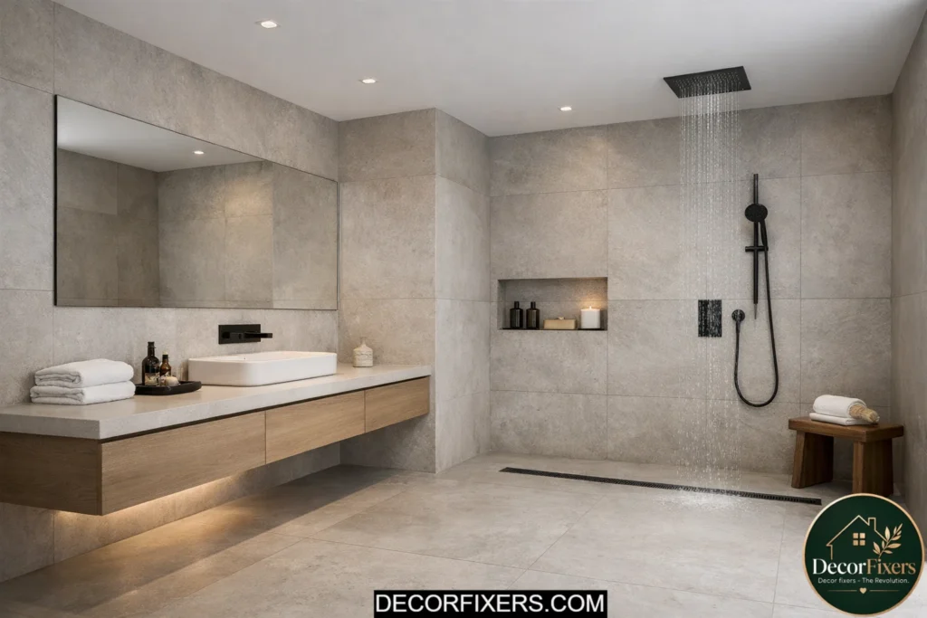 Open wet room minimalist bathroom with seamless flooring and frameless shower area
