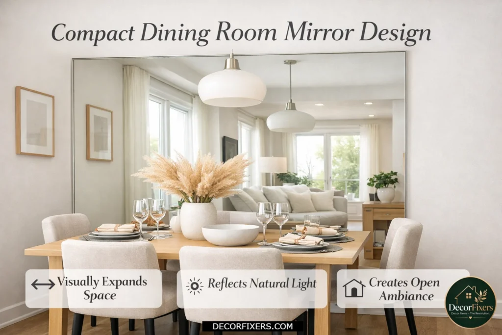 Large mirror behind a dining table making a small dining area appear larger.