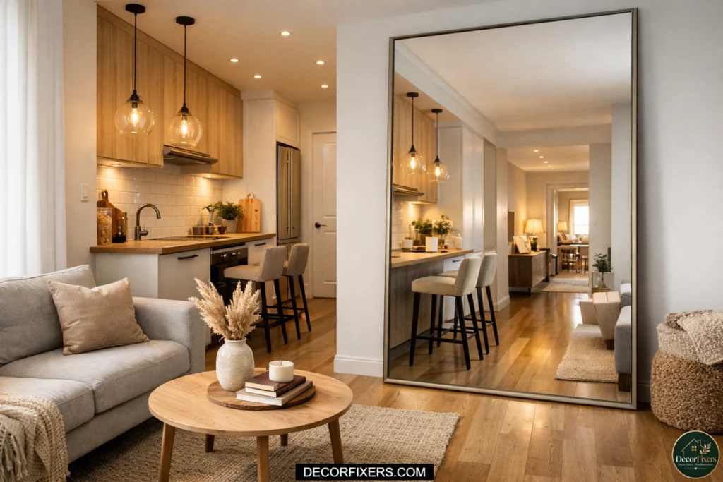 Large mirror creating depth in a small open-plan kitchen