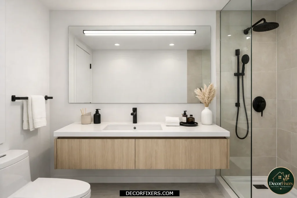 Frameless bathroom mirror with a slim LED light bar mounted directly on the mirror surface.
