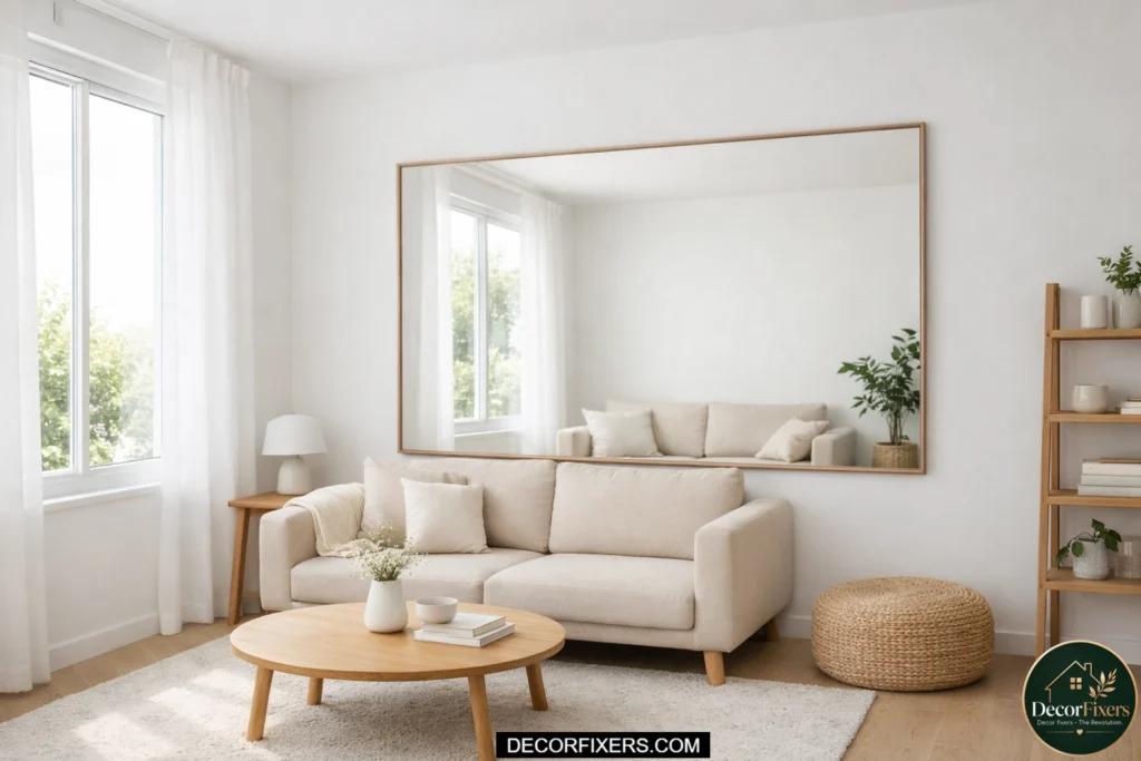 large mirror reflecting window light in small living room