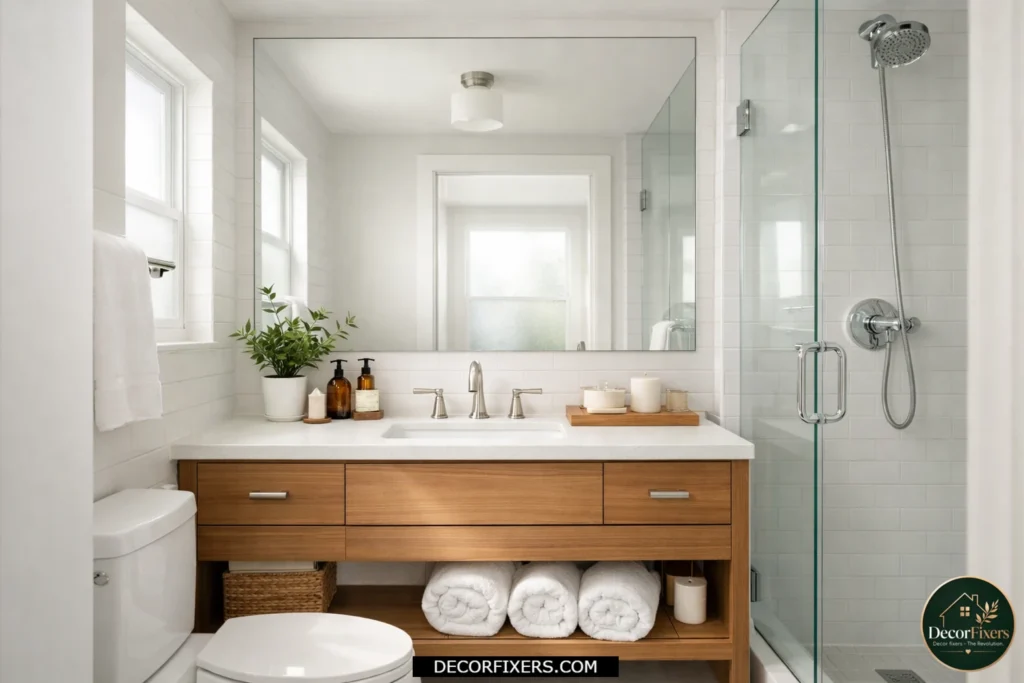 Small bathroom mirror strategically reflecting a window to maximize natural daylight.