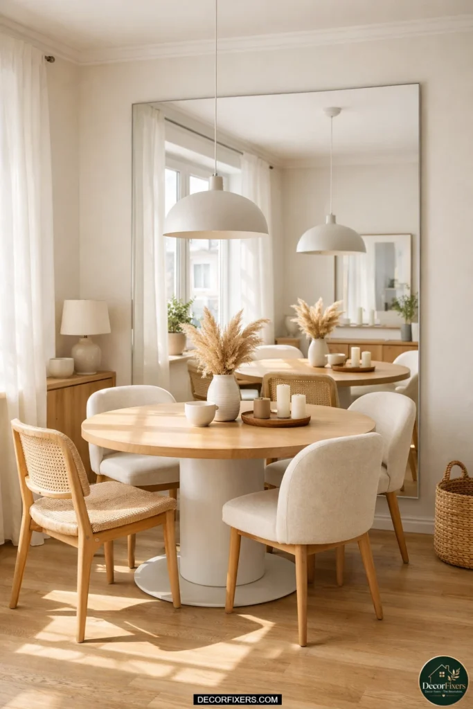 Mirror reflecting natural light in small modern dining room