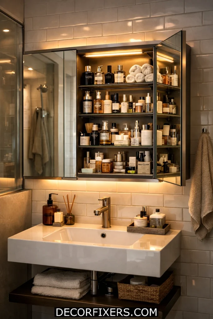 Mirrored medicine cabinet above bathroom sink with hidden storage and modern luxury styling