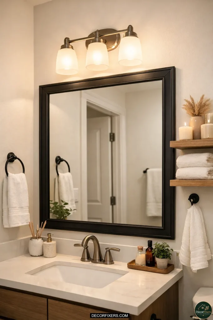 Matte black peel-and-stick bathroom mirror frame upgrade in a rental apartment bathroom