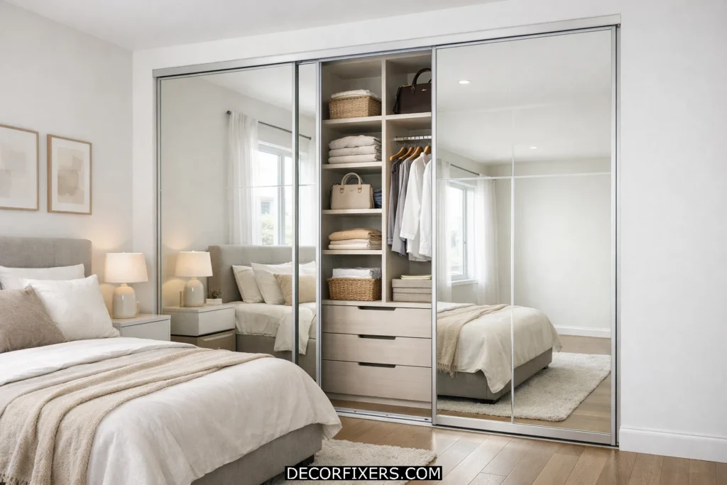 Mirrored closet system making a small bedroom feel larger while adding storage.