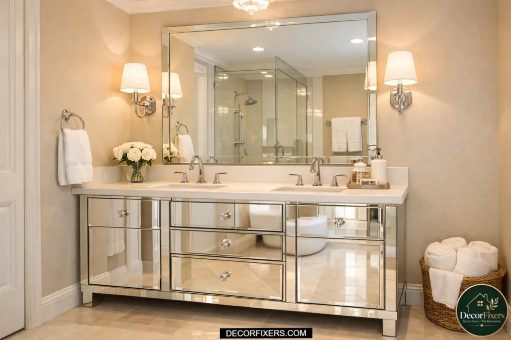 Mirrored vanity cabinet reflecting light in a small bathroom