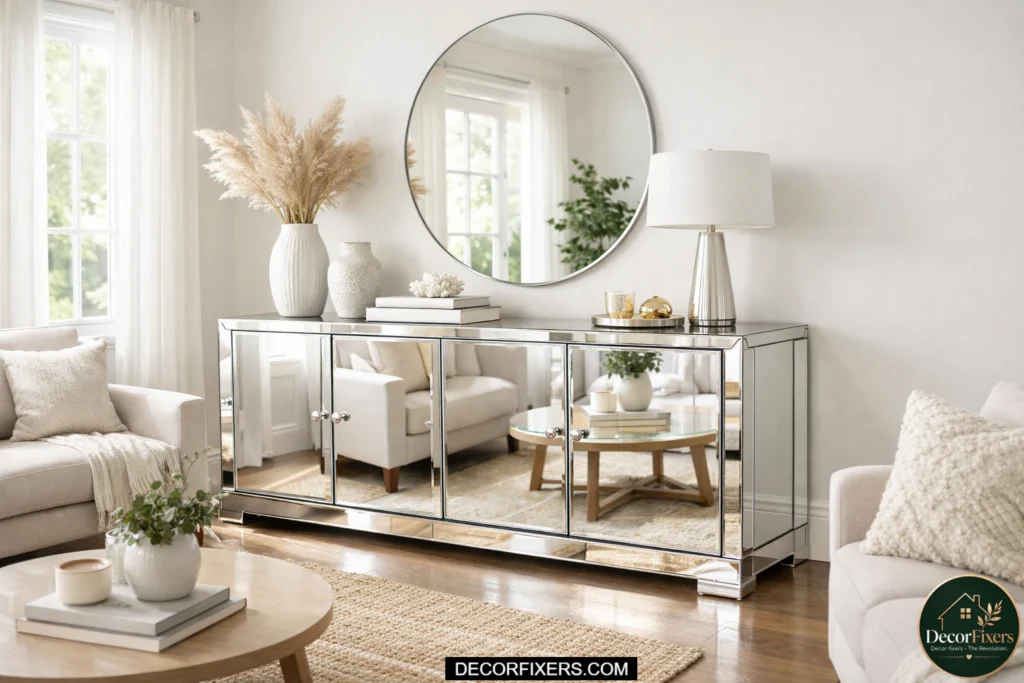 mirrored cabinet reflecting light to enlarge small living room