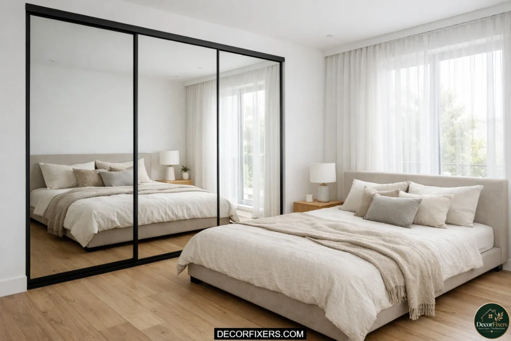 Mirrored sliding wardrobe making a small bedroom feel larger and brighter.