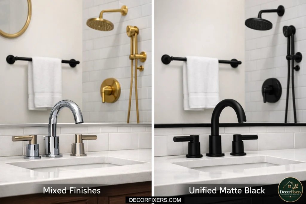 Overuse of black in small bathroom creating tunnel effect compared to balanced black and white ratio