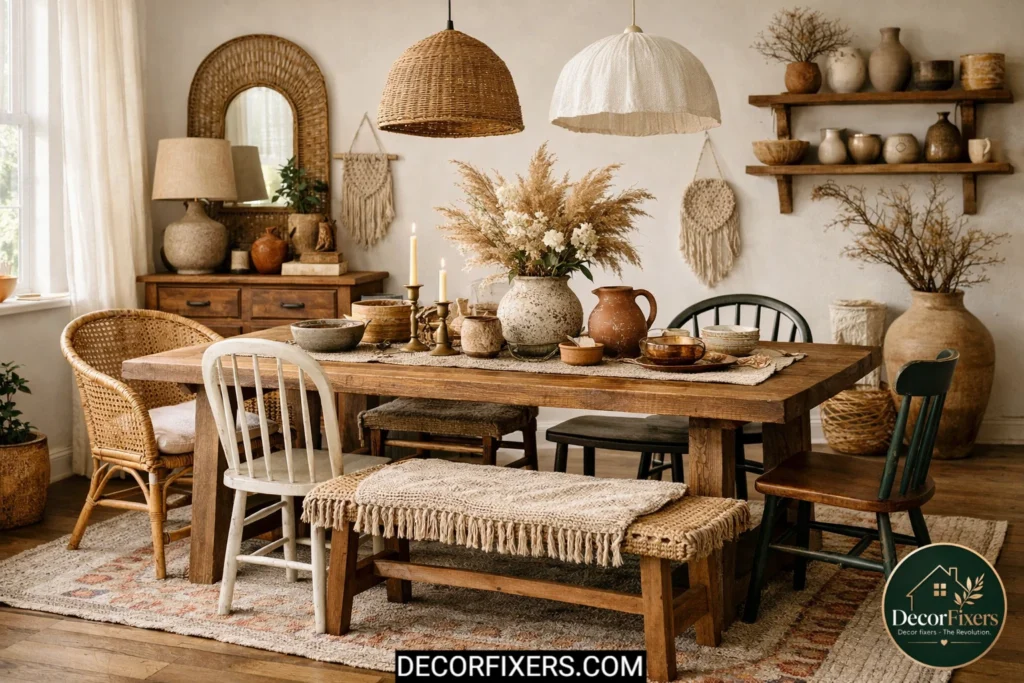 Boho dining room with mismatched rattan and wooden dining chairs