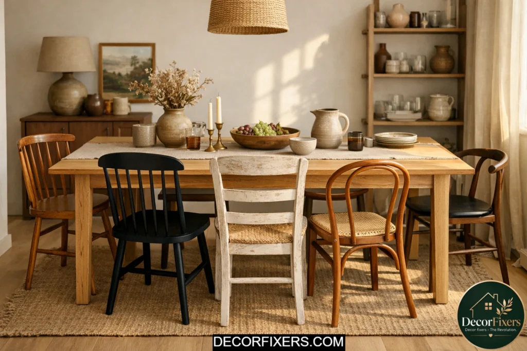 Mismatched dining chairs styled intentionally around a modern dining table