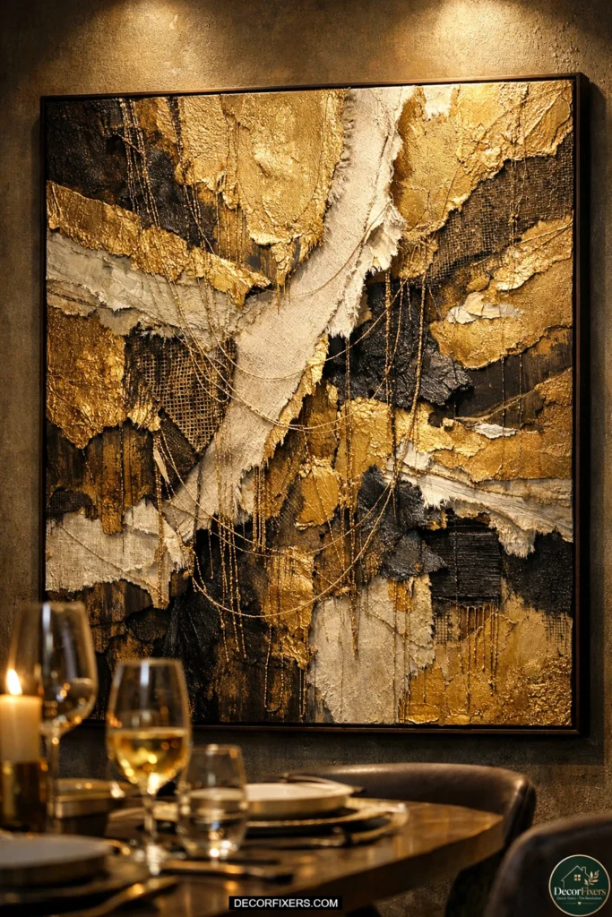 Mixed-media gold abstract artwork with texture in a luxury dining room.