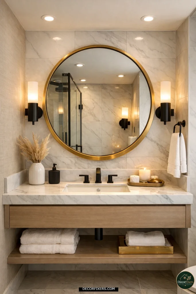 Small bathroom featuring mixed metal finishes with brass mirror accents and matte black sconces.