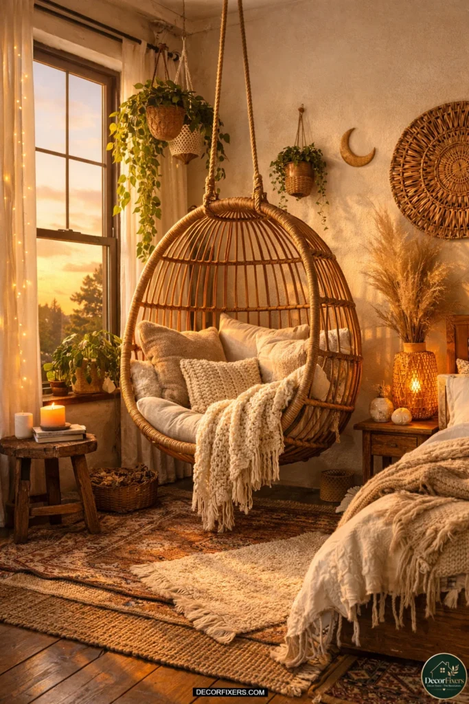Bohemian bedroom styled with antique brass lamp, gold-framed mirror, bronze candle holders, earthy bedding, and warm layered lighting.