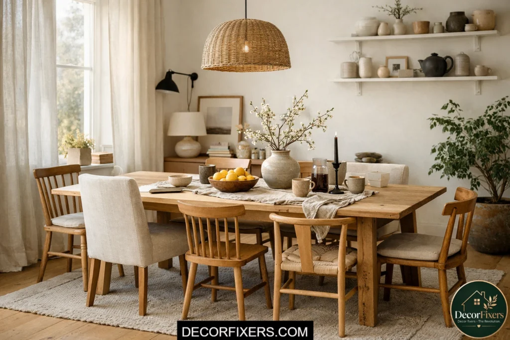 Scandinavian dining room with mixed wood and upholstered dining chairs around an oak table