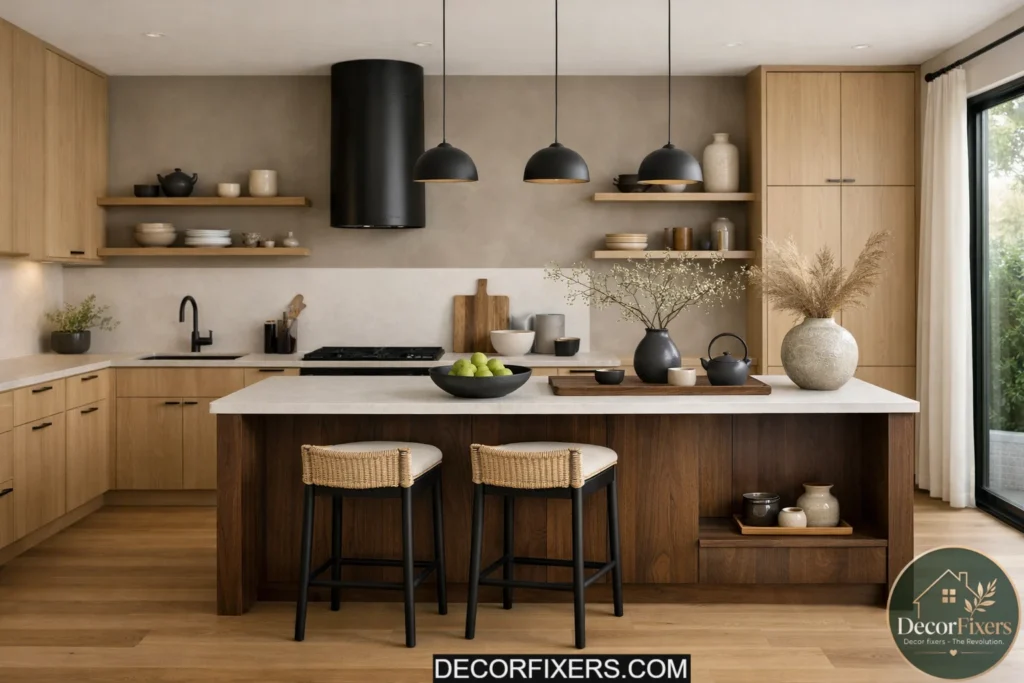 Japandi kitchen blending light oak cabinets with a dark walnut island and warm neutral decor.