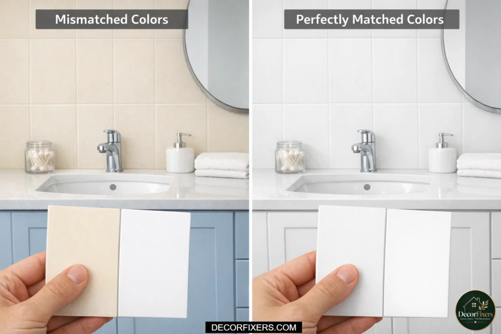 Warm and cool white tiles clashing in bathroom design compared to properly matched white tones
