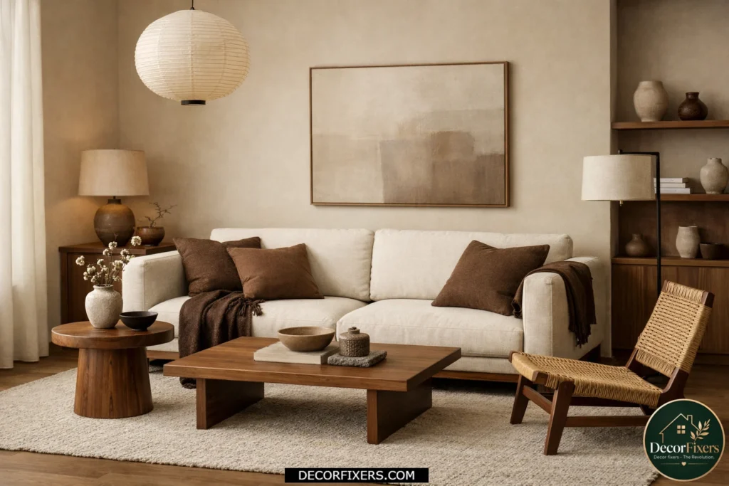 Japandi living room with mocha mousse brown accents