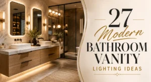 Luxury modern bathroom vanity lighting ideas feature image with layered sconces, LED mirrors, and editorial typography.