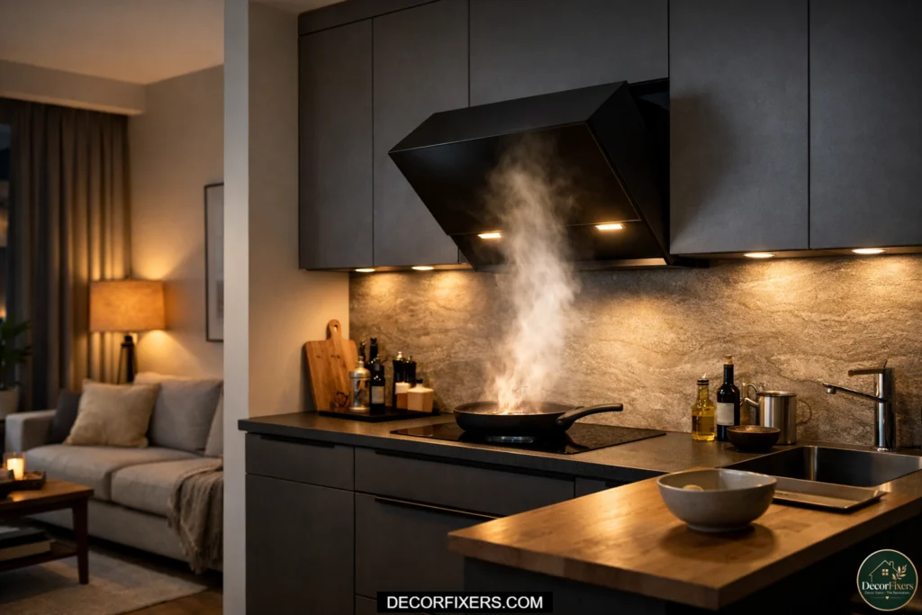 Modern extractor hood improving a compact open-plan kitchen