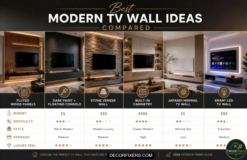  A visual comparison chart of modern TV wall design options including dark paint, fluted panels, IKEA built-in hacks, stone veneer, and custom carpenter builds with cost and benefit breakdowns