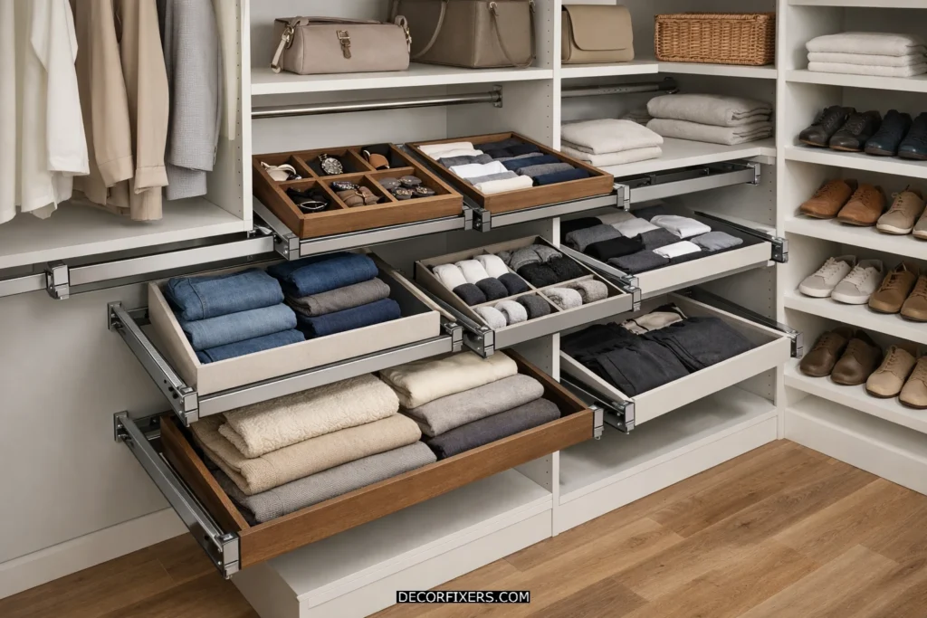 Modular drawer inserts inside an existing closet system.
