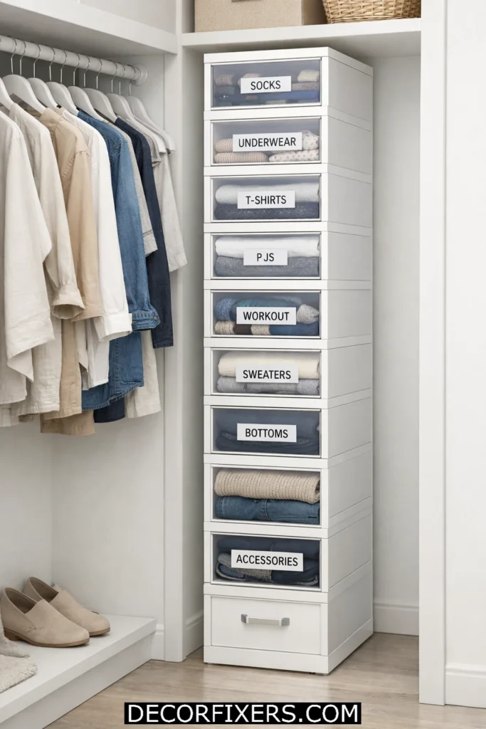 Modular drawer tower beside hanging clothes in a small organized closet.