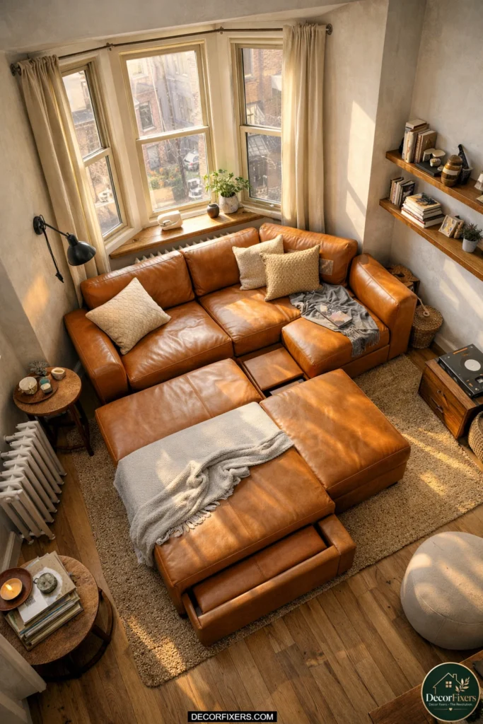 Modular cognac leather sleeper sofa fitted into an awkward apartment floor plan.
