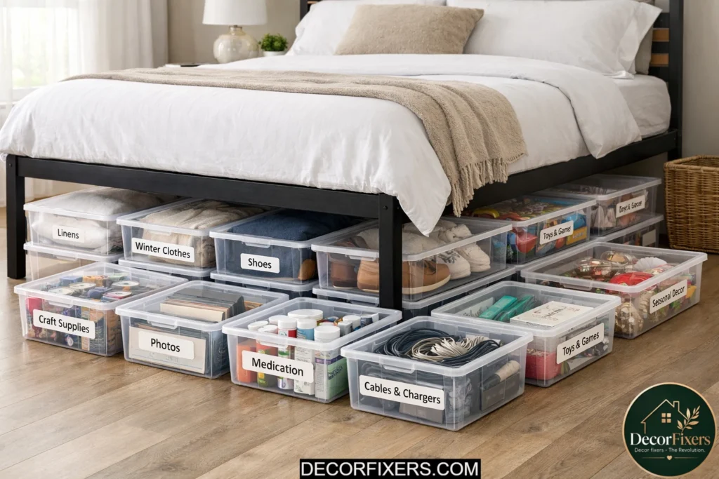 Modular stackable bins creating an organized underbed storage system
