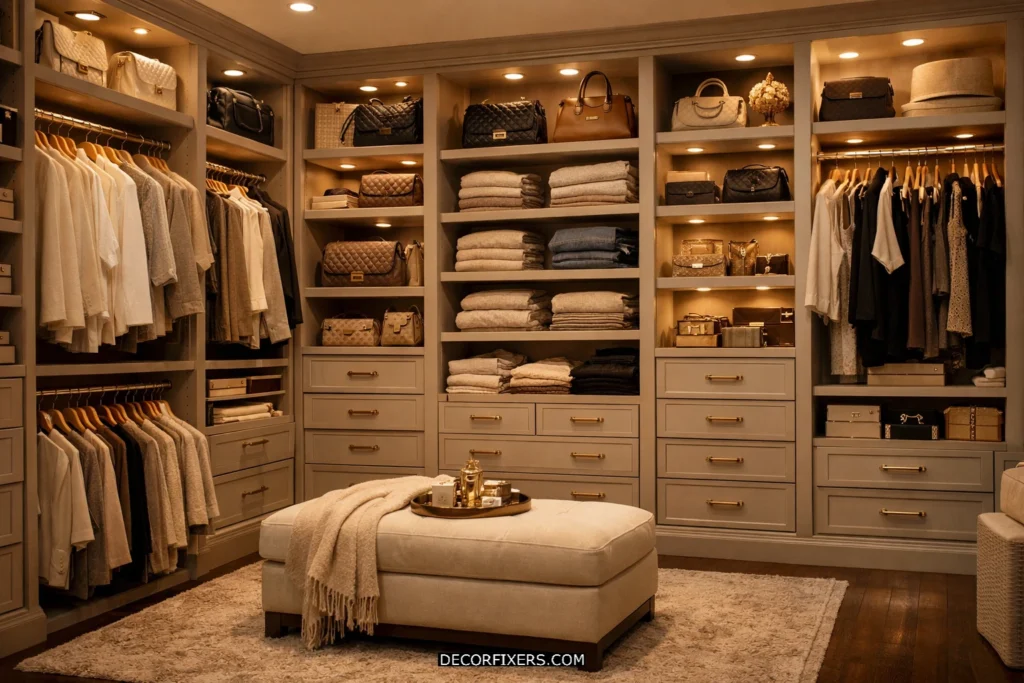 Modular walk-in closet organizer with drawers.