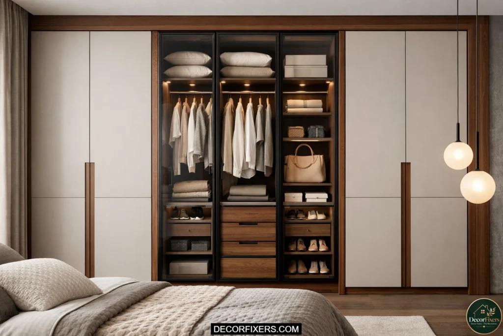 Modular wardrobe with mixed matte, wood, and glass door finishes.