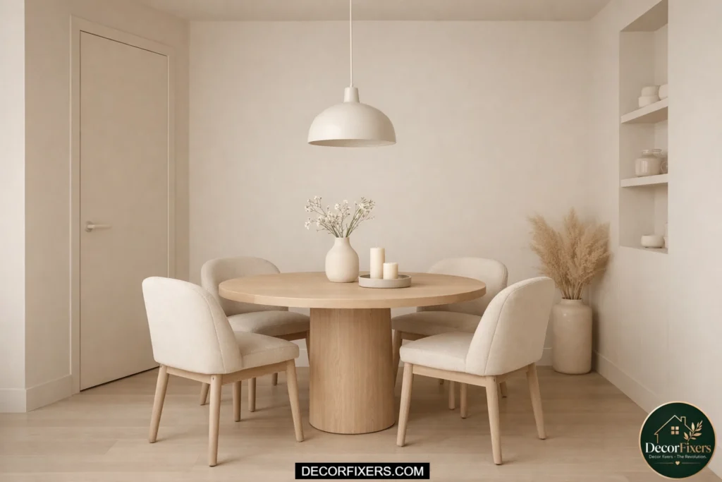 Small dining room with monochromatic wall and trim color design