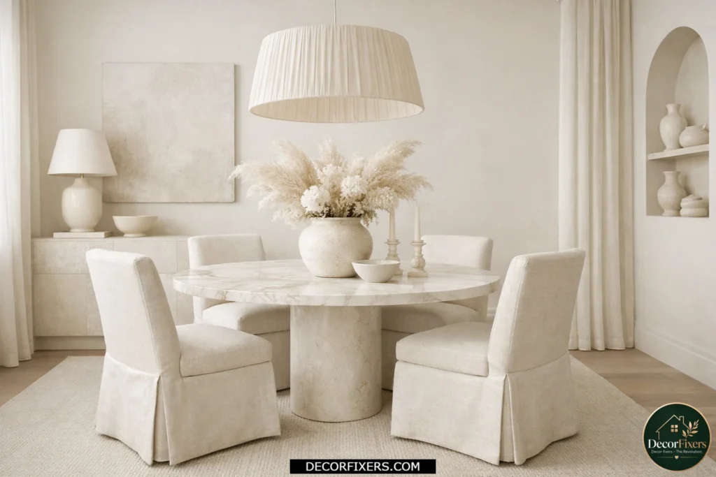 Tiny dining room designed with a monochromatic color palette for a spacious cohesive look.