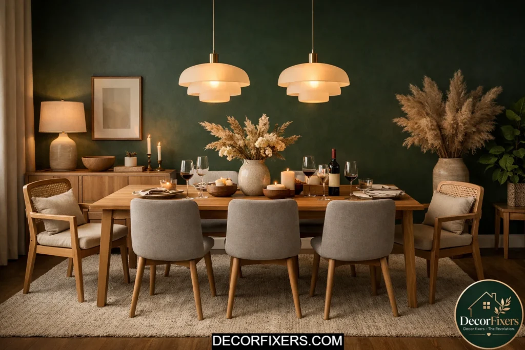 Dining room with deep green moody accent wall and modern decor