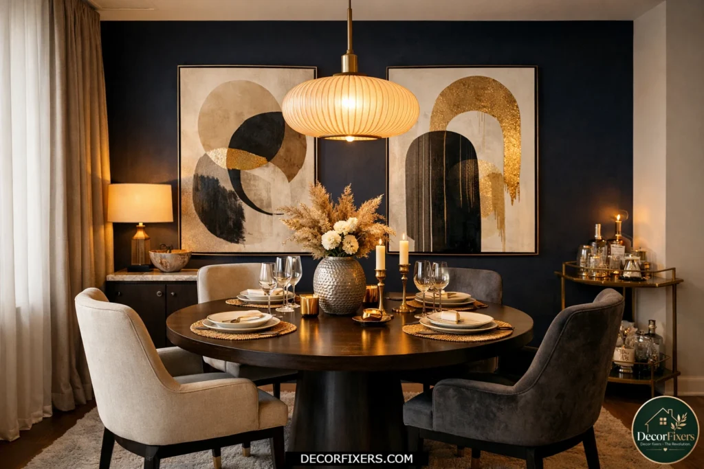 Tiny dining room with a dark accent wall adding depth and luxury to the space.