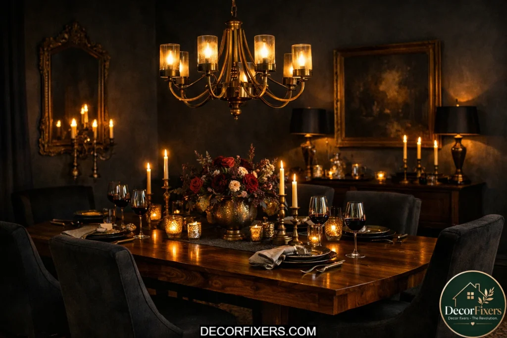 Dark charcoal painted dining room walls with warm lighting and cozy upscale ambiance