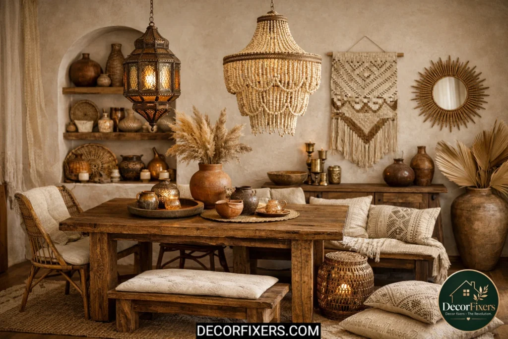 Moroccan lantern lighting in a boho dining room