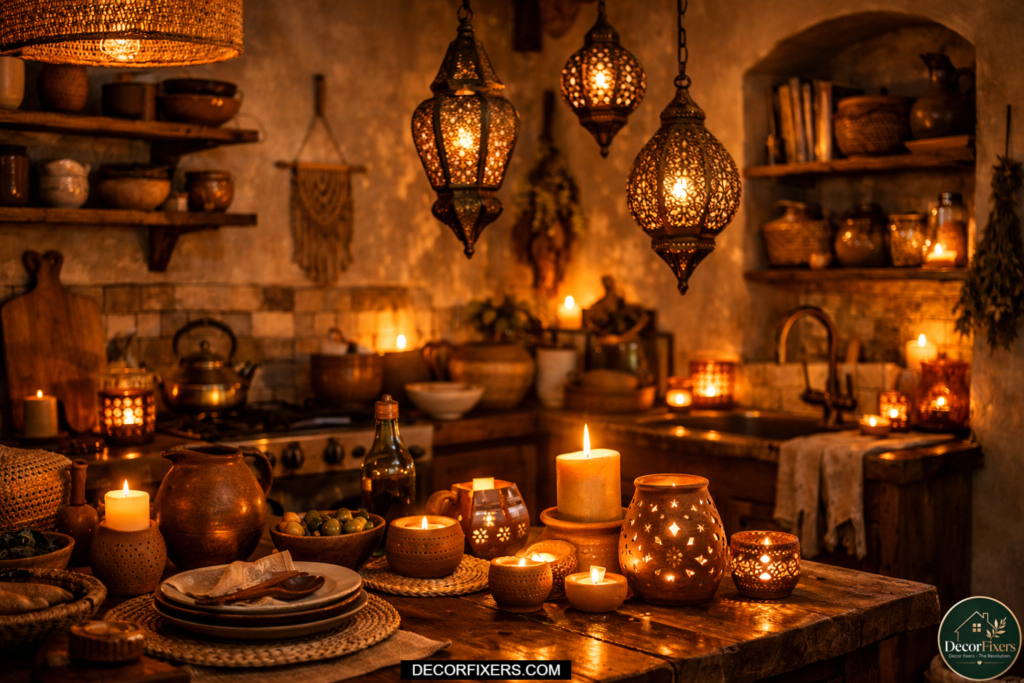 Moroccan lanterns and candlelight creating cozy evening ambiance in a boho kitchen