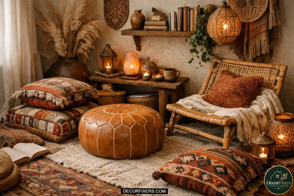 Cozy boho bedroom corner with Moroccan leather pouf, kilim floor cushions, rattan accent chair, textured rugs, and warm ambient lighting.