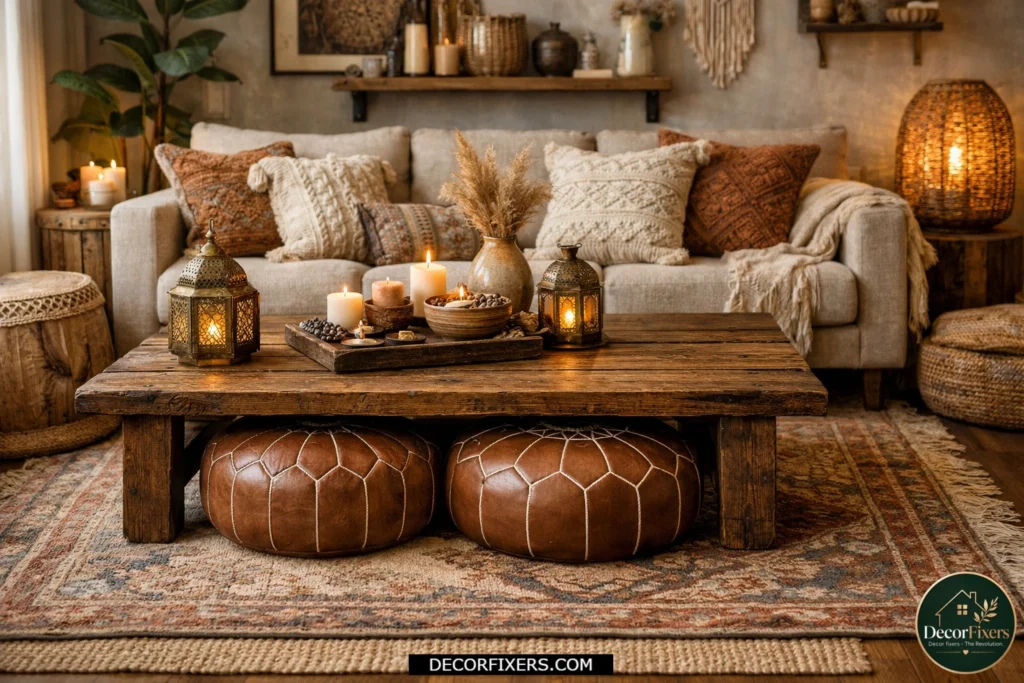 Moroccan leather poufs styled in a warm boho living room