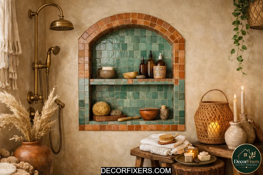 Handmade zellige tile shower niche in a luxurious earthy boho bathroom