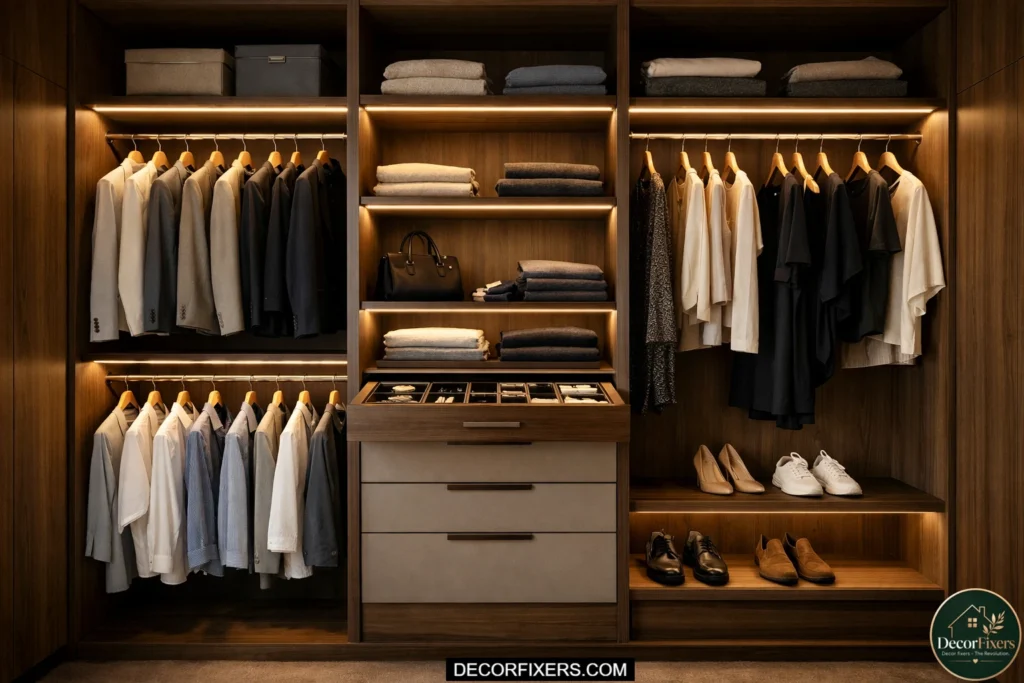 Wardrobe interior illuminated by motion-sensor LED strip lighting.