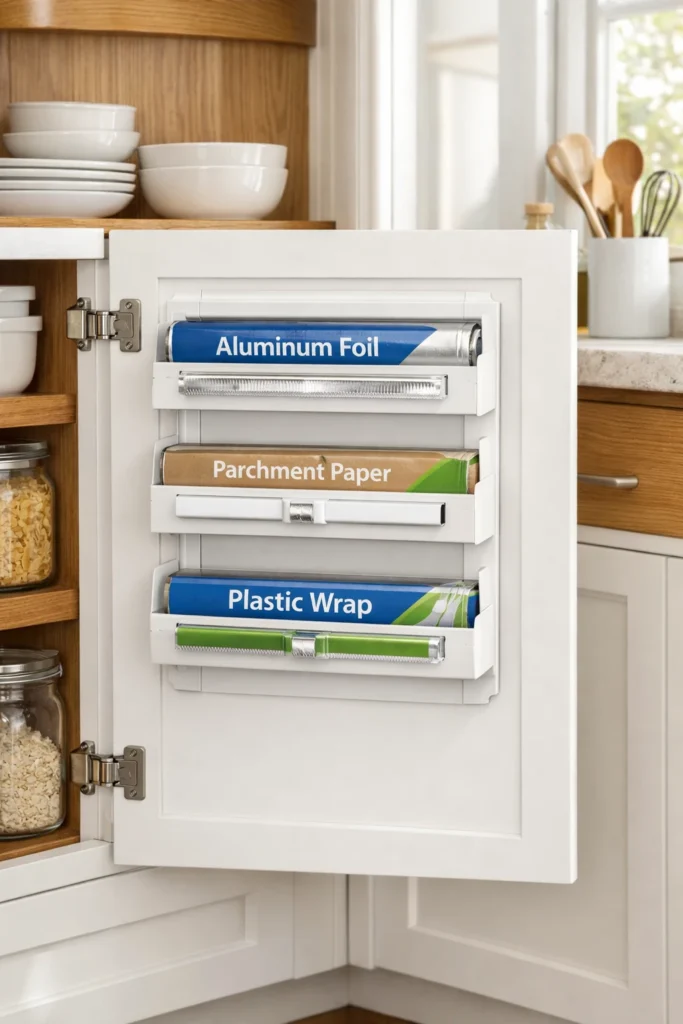 Mounted foil and wrap organizer attached inside a kitchen cabinet door