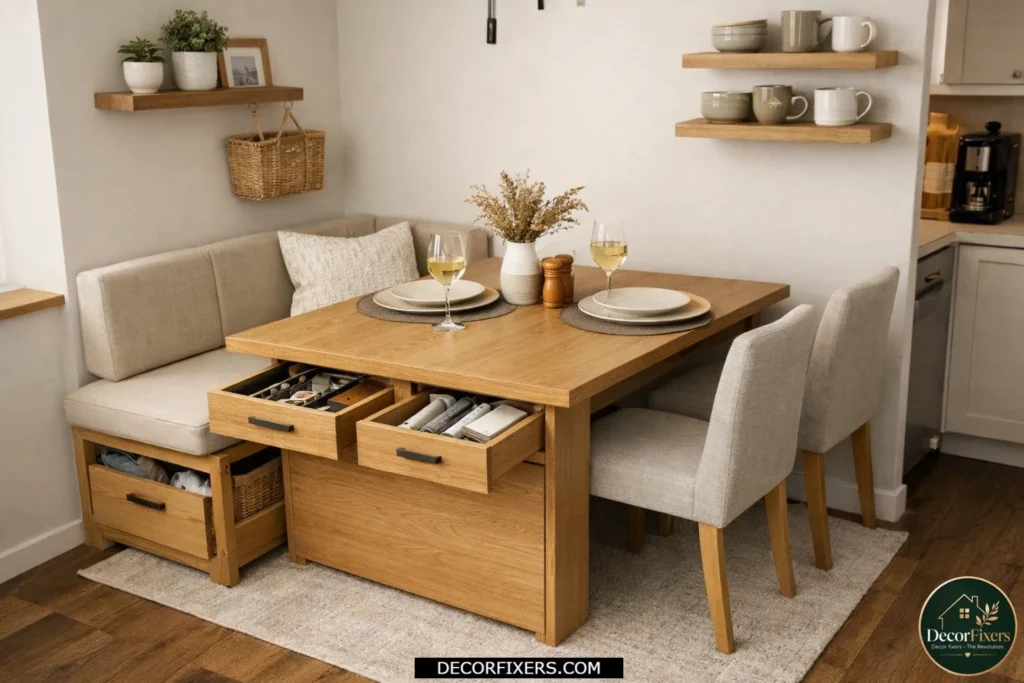 Compact dining room using multifunctional furniture with built-in storage solutions.